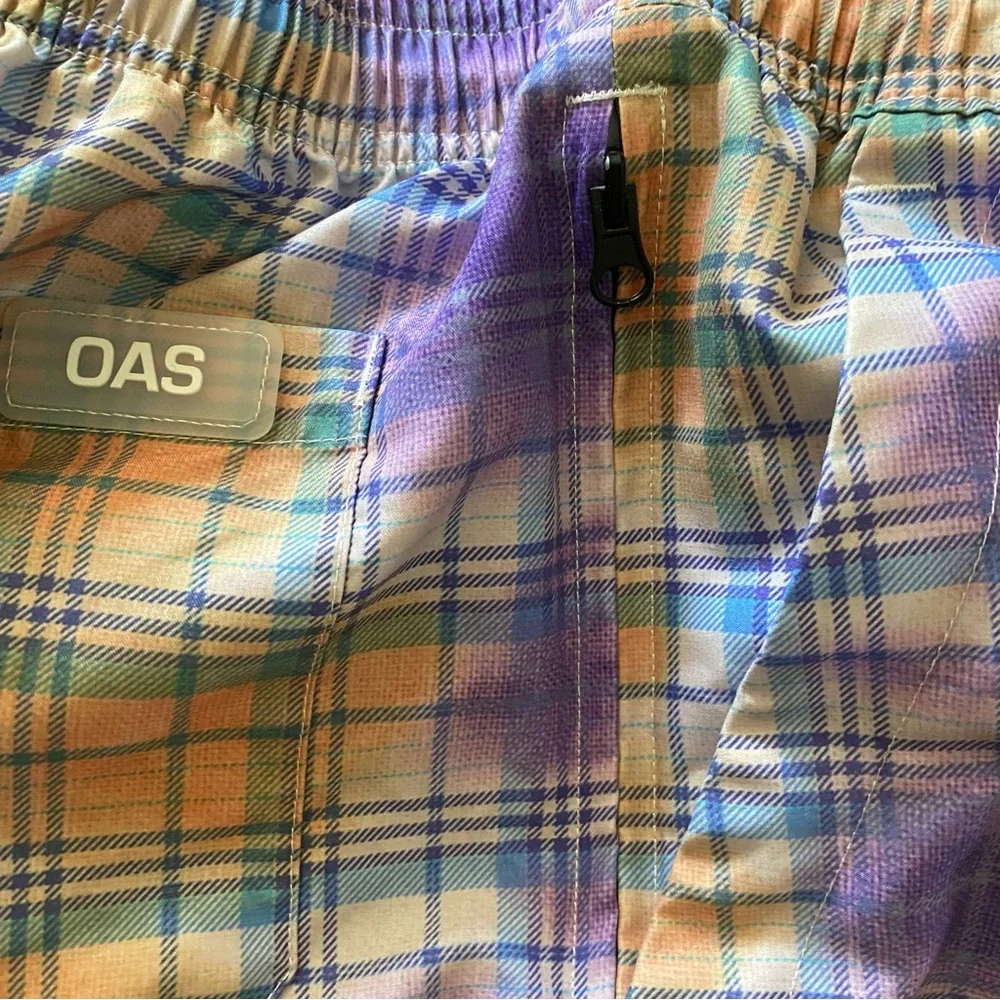 OAS TARTAN TIE DYED 4’ inch swim trunks pockets elastic drawstring waist M